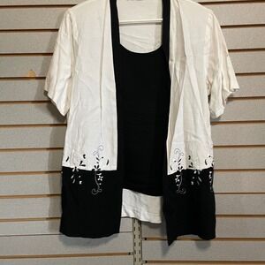 Gloria Lance Studio Woman Black White Embroidered‎ Cardigan Tank Set